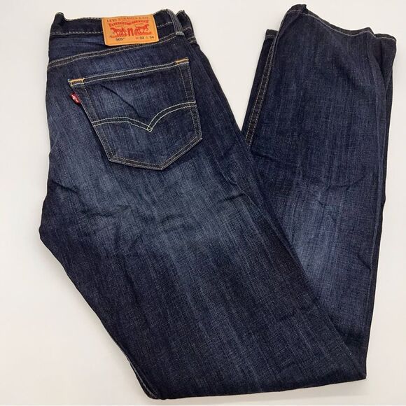 Levi 505 Men's Dark Wash Mid Rise Straight Leg Denim Jeans Size W32 L34 Tall - Picture 1 of 9